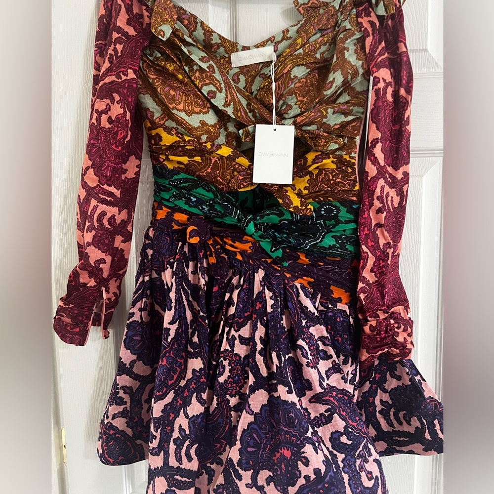 NWT Zimmermann Cold-shoulder knotted paisley-print linen mini dress